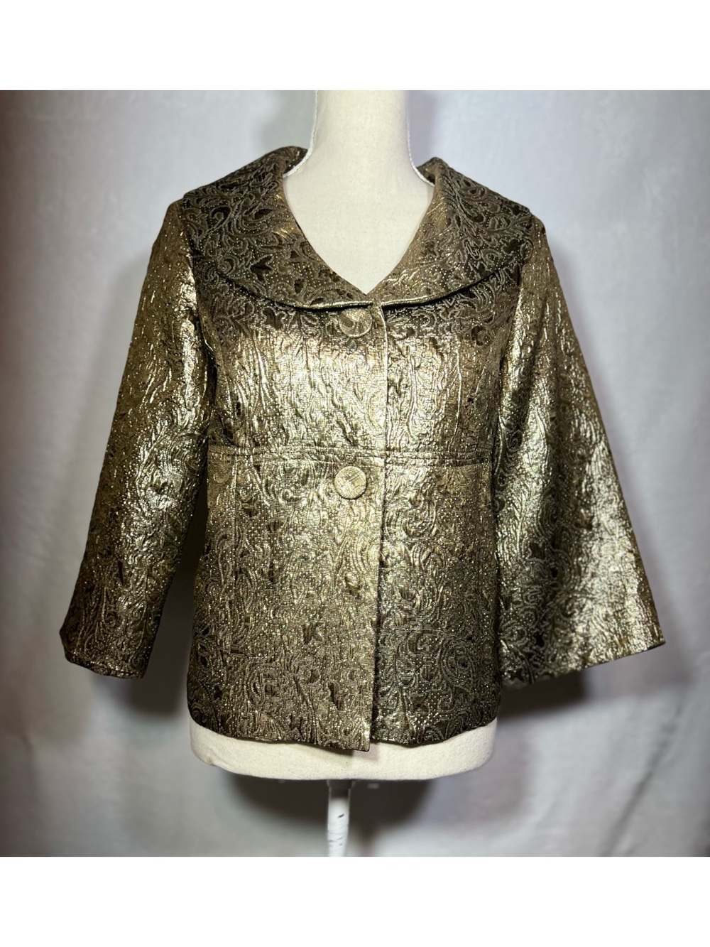 Elementz Gold Metallic Brocade Jacket Empire Waist Lined 3/4 Sleeve Size M - Picture 8 of 8
